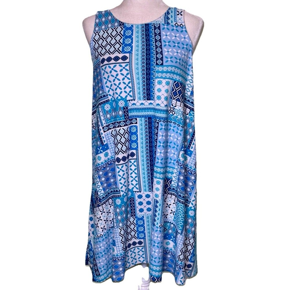 Women Blue Coastal Style Patchwork Geo Print Sleeveless Swing Sundress Soft Sz M